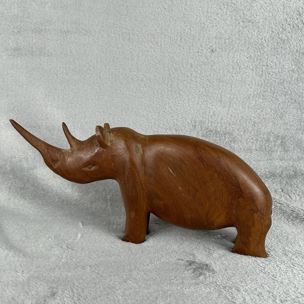 Vintage Hand Carved‎ Solid Wooden African Rhinoceros Figurine Folk Art Sculpture